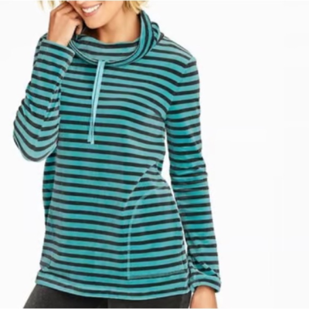 Talbots Velour Teal Blue Black Stripe Cowl Neck Super Soft Pocket Sweater Medium